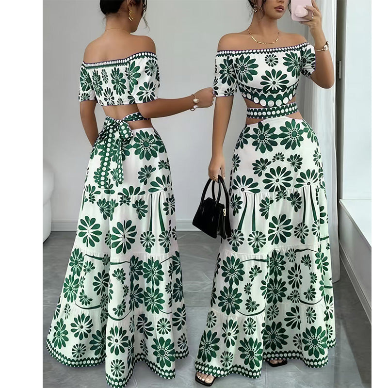 Women's Off-Shoulder Daisy Print Resort Dress with Waistline