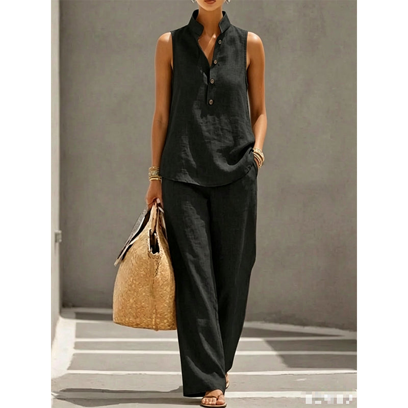 Women's Minimalist Sleeveless Top & Wide Leg Pants Set