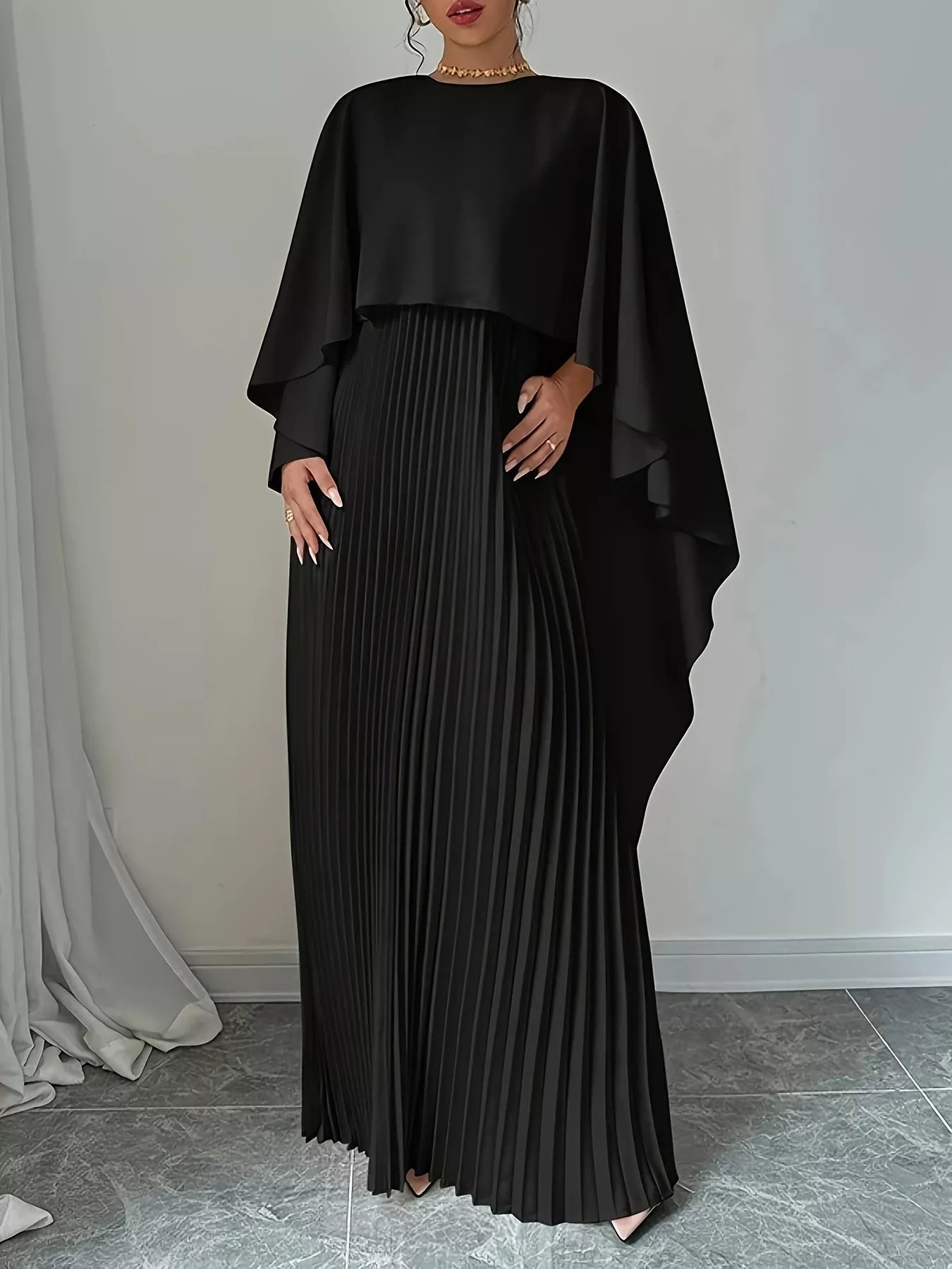Cape-Style Pleated Maxi Dress