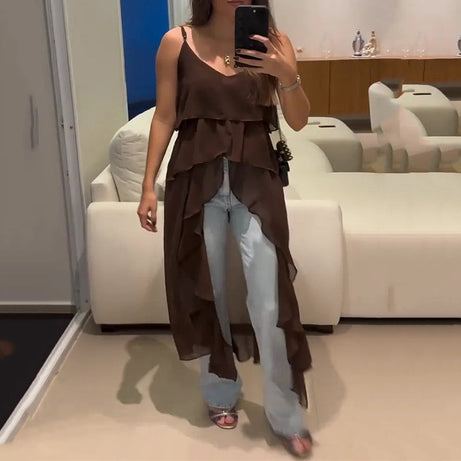 Women's Layered Ruffle Slit Hem Camisole Tunic
