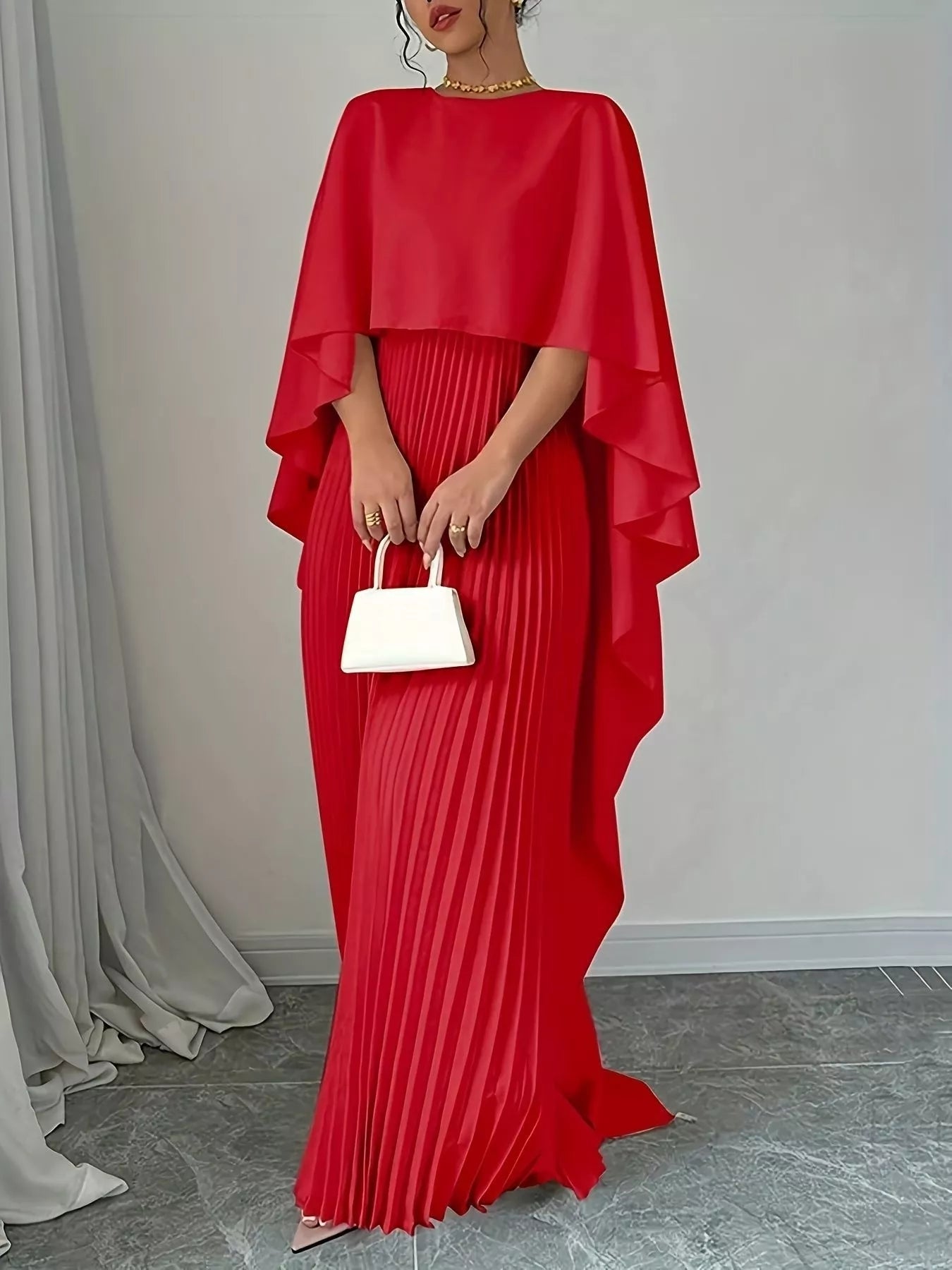Cape-Style Pleated Maxi Dress