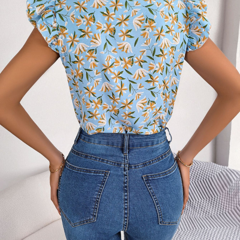 Floral Tie Neck Flutter Sleeve Blouse