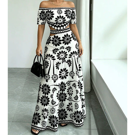 Women's Off-Shoulder Daisy Print Resort Dress with Waistline