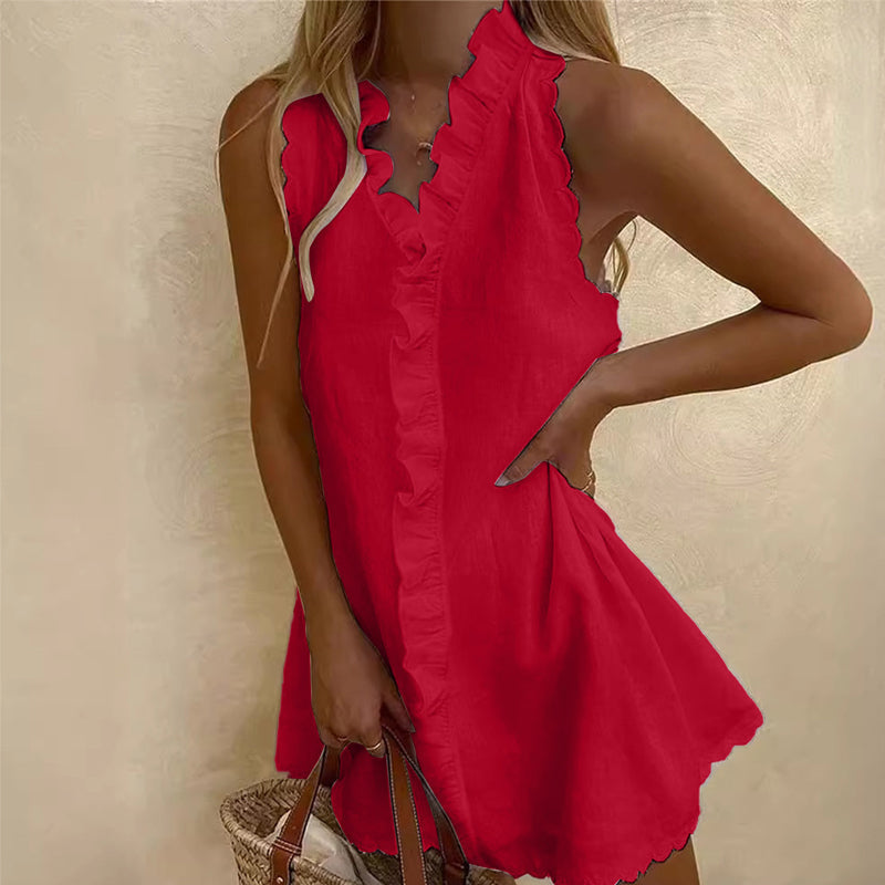 Short women's dress with ruffle details and front button closure