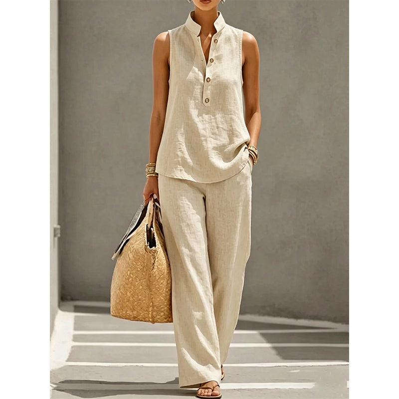 Women's Minimalist Sleeveless Top & Wide Leg Pants Set