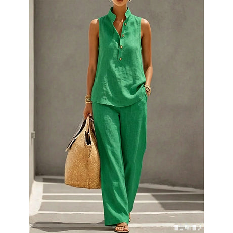 Women's Minimalist Sleeveless Top & Wide Leg Pants Set