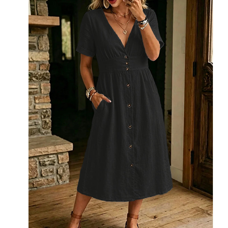 Effortless Summer Chic – Women's Summer V-Neck Button-Down Dress