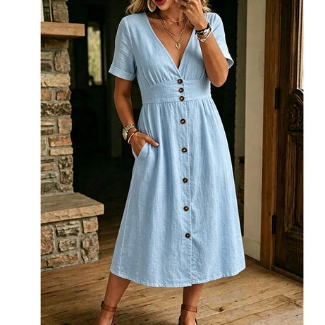 Effortless Summer Chic – Women's Summer V-Neck Button-Down Dress