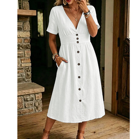 Effortless Summer Chic – Women's Summer V-Neck Button-Down Dress