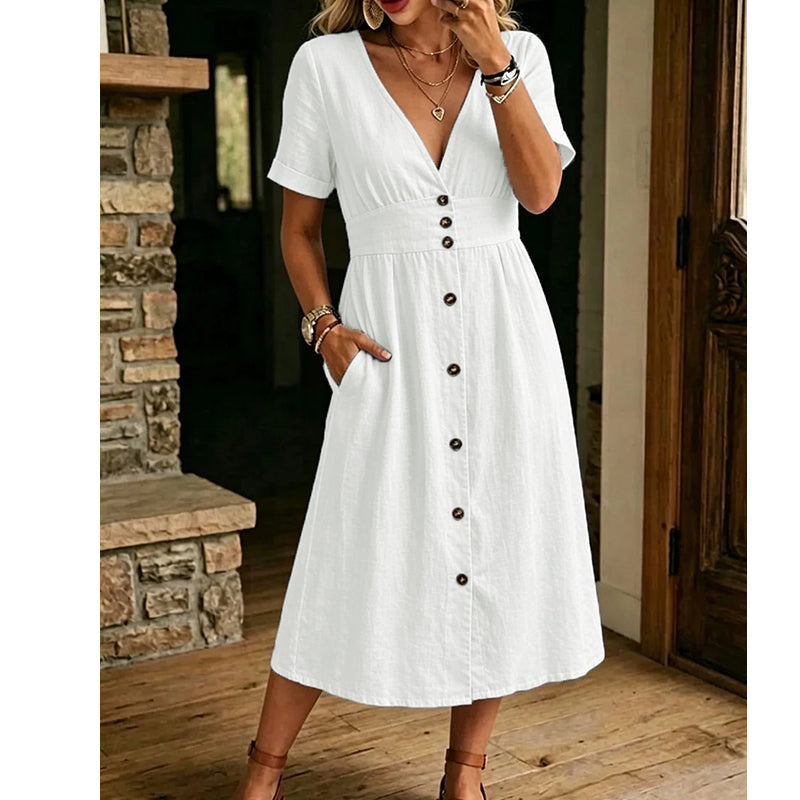 Effortless Summer Chic – Women's Summer V-Neck Button-Down Dress