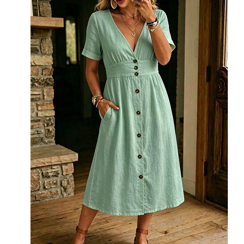 Effortless Summer Chic – Women's Summer V-Neck Button-Down Dress